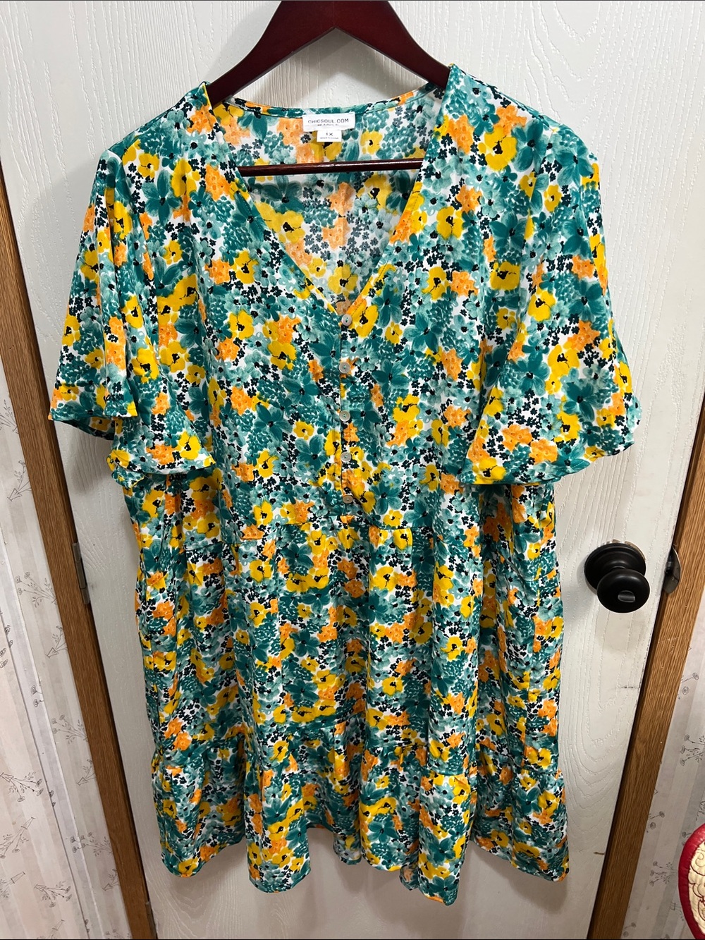 Floral V-Neck Midi Dress in Teal & Yellow